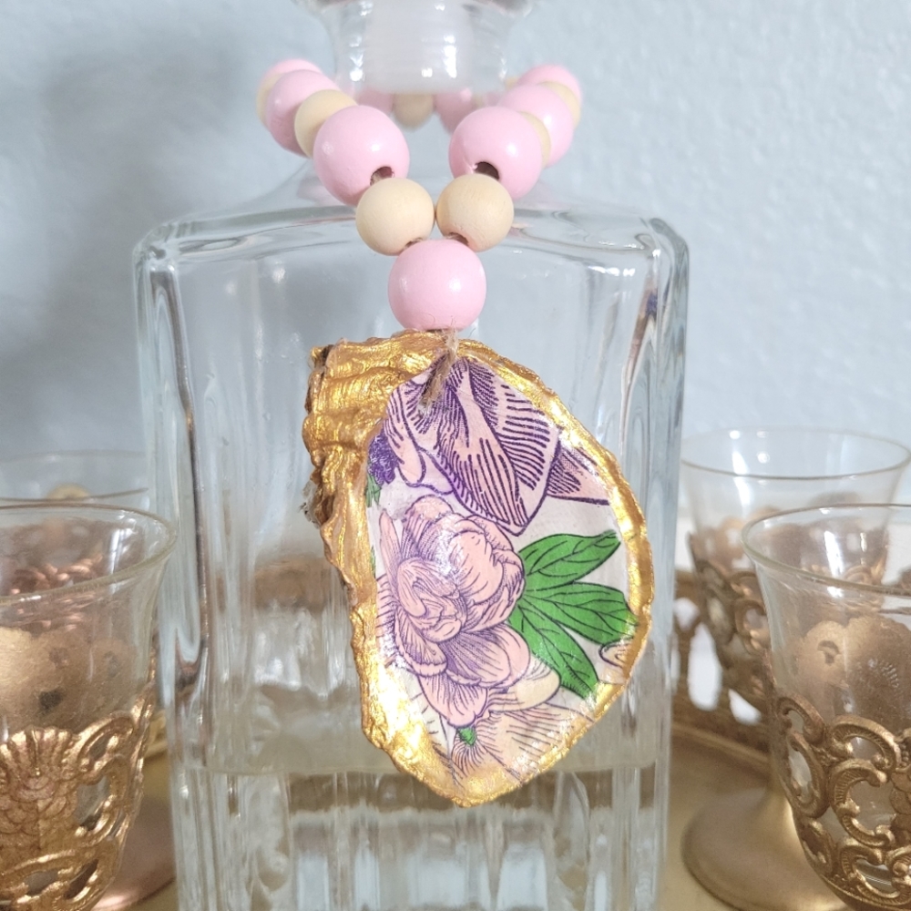 Bottle decor | oyster prayer beads with pretty pink floral